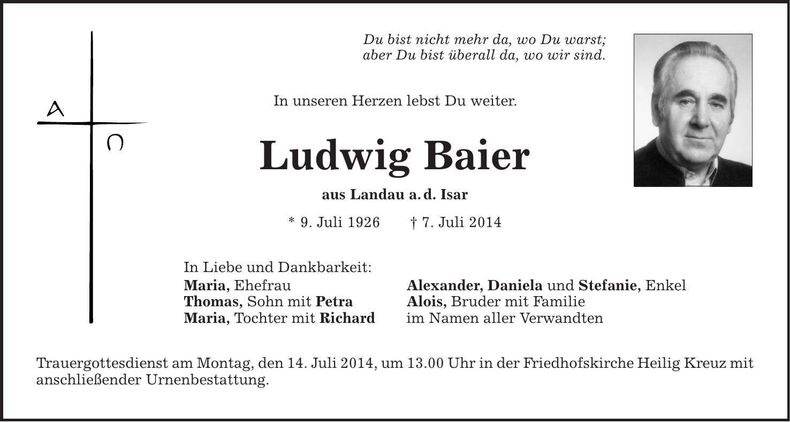 Traueranzeige Ludwig Baier