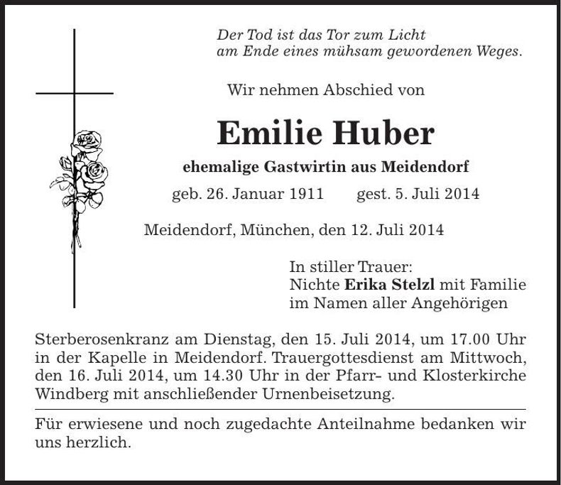 Traueranzeige Emilie Huber