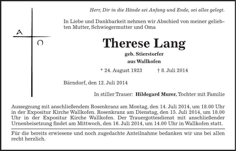 Traueranzeige Therese Lang