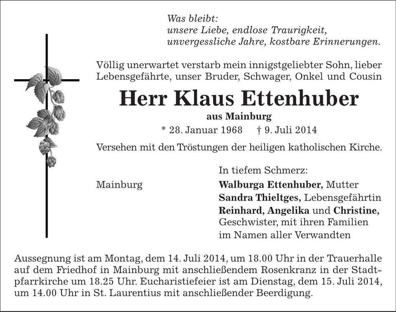 Traueranzeige Klaus Ettenhuber
