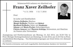 Traueranzeige Franz Xaver Zeilhofer