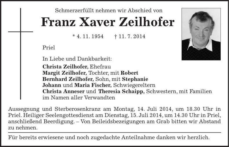 Traueranzeige Franz Xaver Zeilhofer