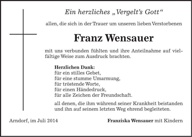 Traueranzeige Franz Wensauer