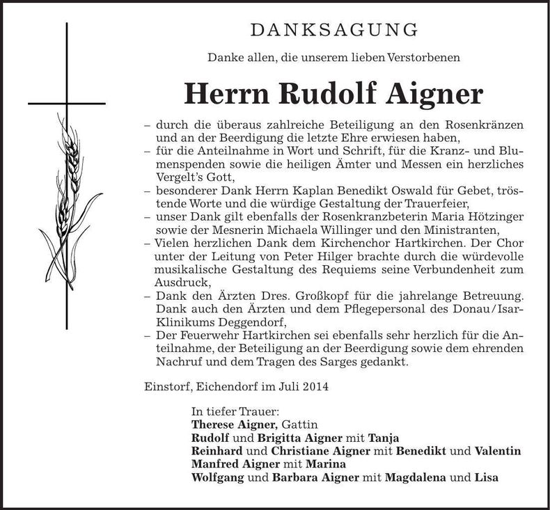 Traueranzeige Rudolf Aigner