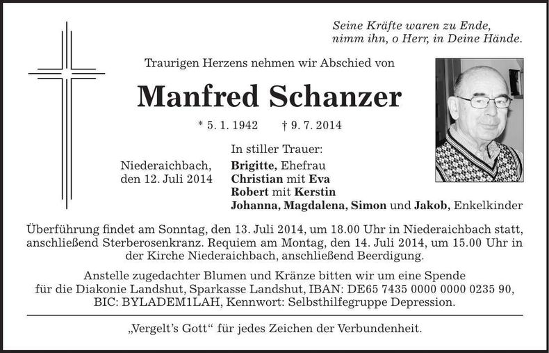 Traueranzeige Manfred Schanzer