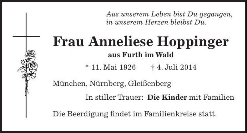 Traueranzeige Anneliese Hoppinger