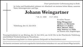 Traueranzeige Johann Weingartner