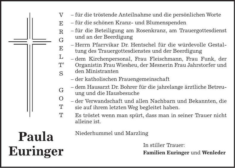 Traueranzeige Paula Euringer