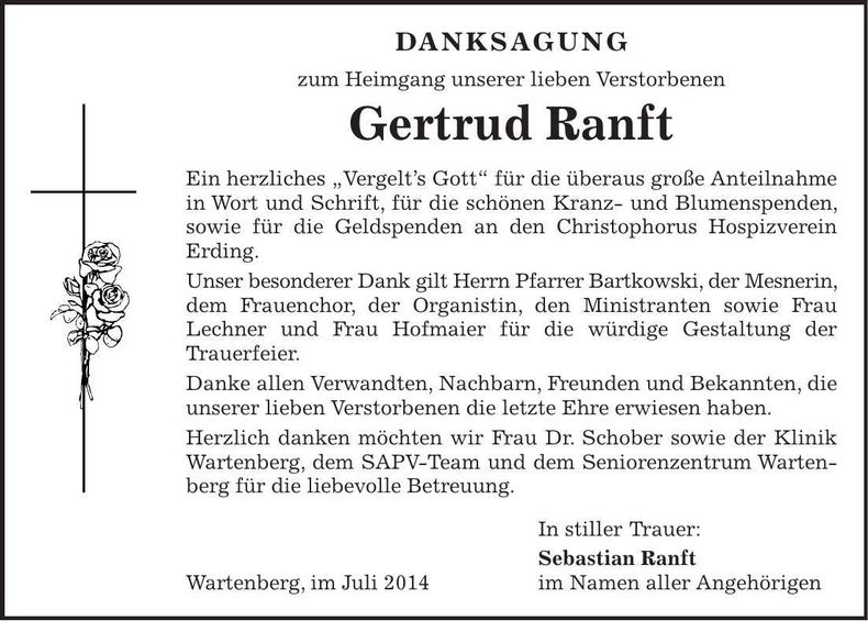Traueranzeige Gertrud Ranft