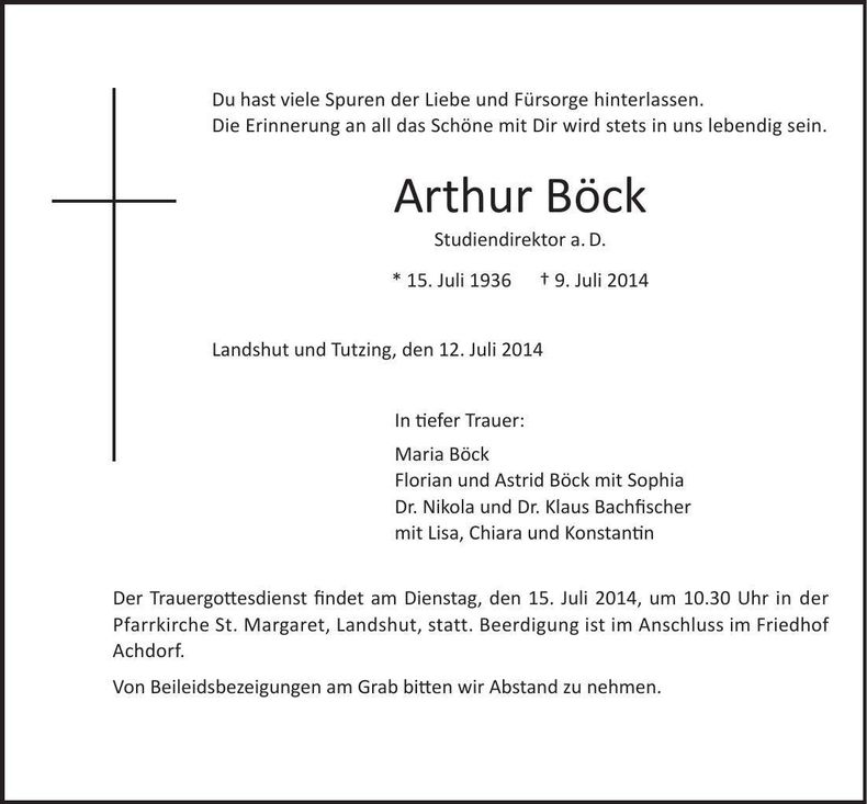Traueranzeige Arthur Böck