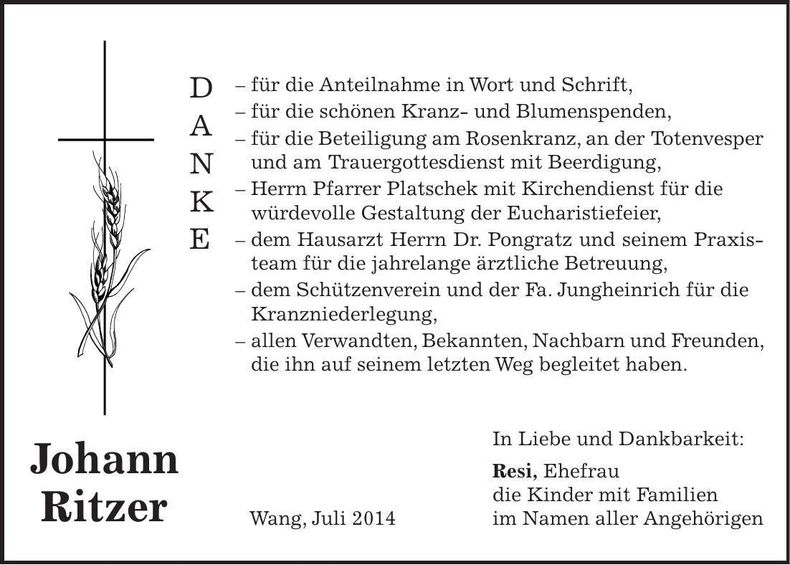 Traueranzeige Johann Ritzer