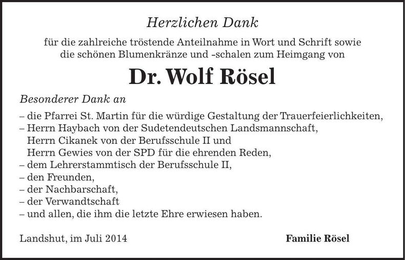 Traueranzeige Wolf Rösel