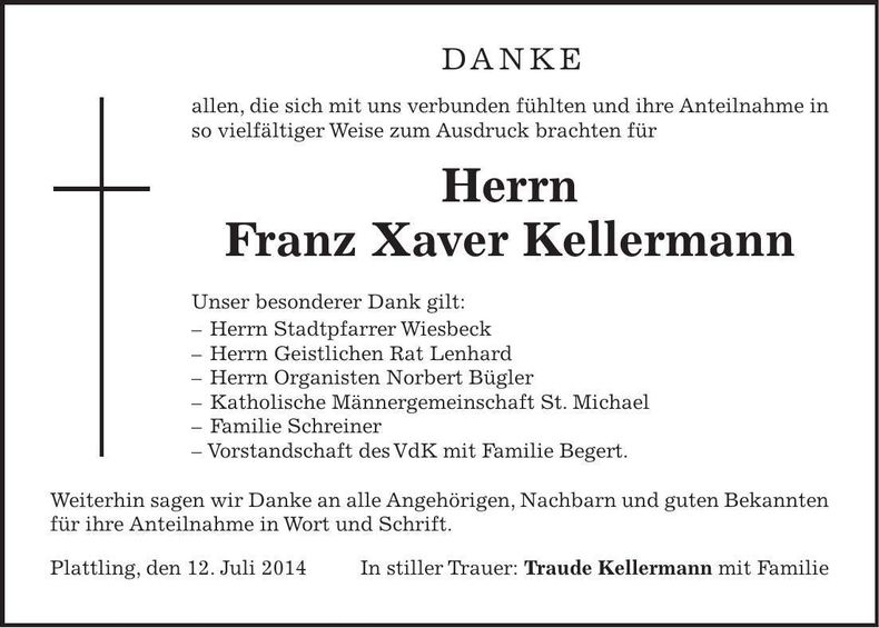 Traueranzeige Franz Xaver Kellermann