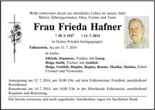 Traueranzeige Frieda Hafner