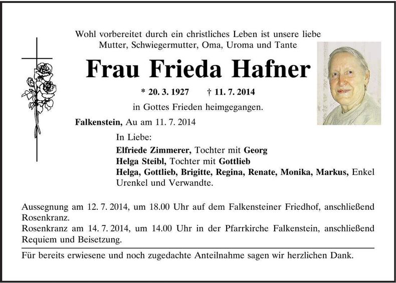 Traueranzeige Frieda Hafner
