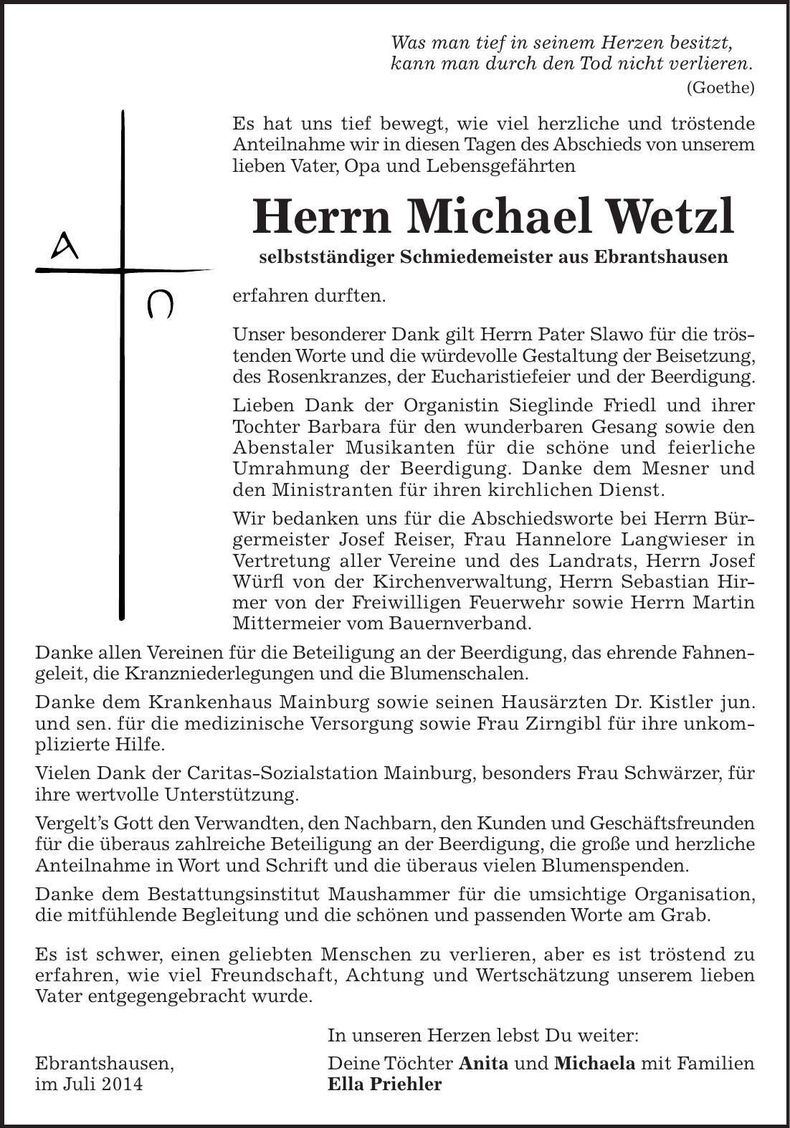 Traueranzeige Michael Wetzl