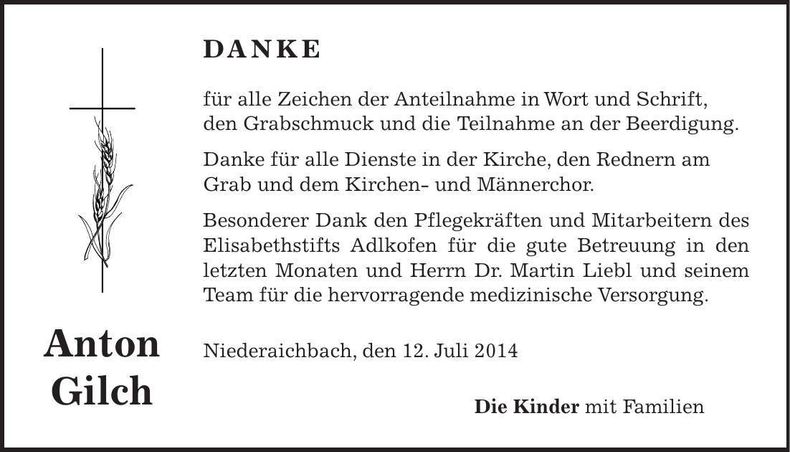 Traueranzeige Anton Gilch