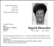 Traueranzeige Ingrid Henszler