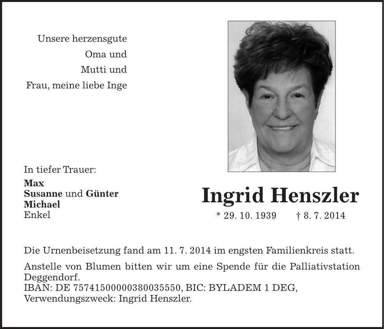 Traueranzeige Ingrid Henszler