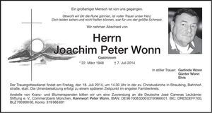 Traueranzeige Joachim Peter Wonn