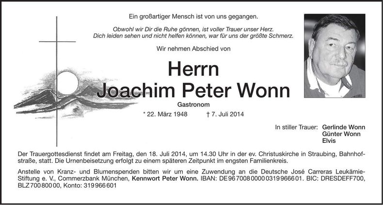 Traueranzeige Joachim Peter Wonn