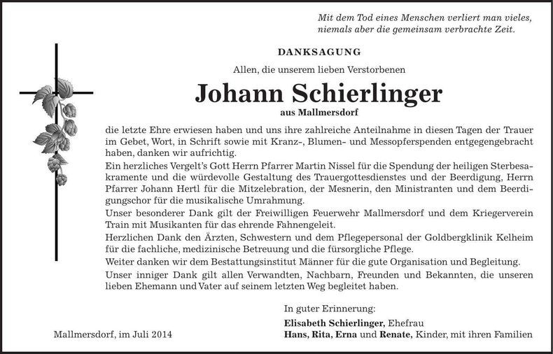 Traueranzeige Johann Schierlinger