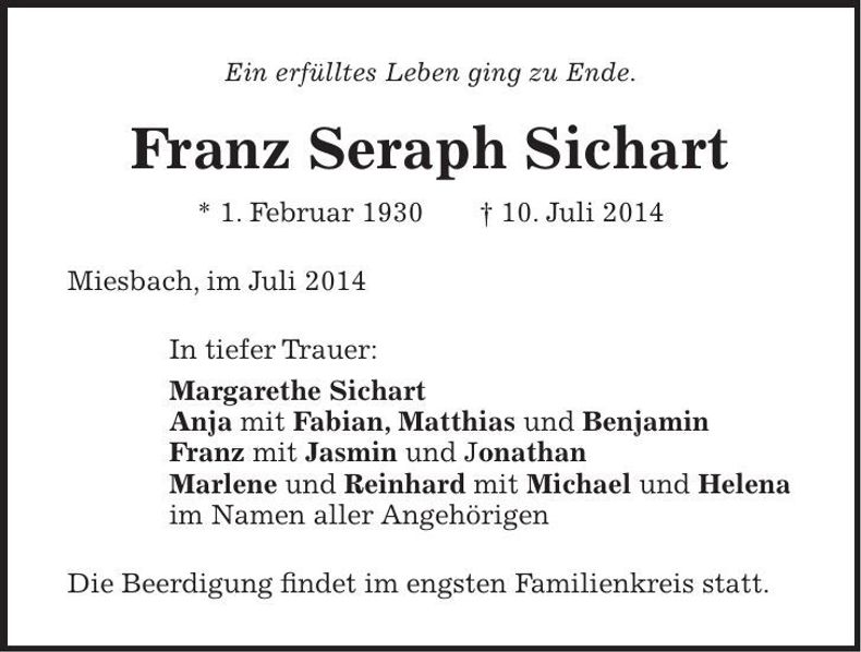 Traueranzeige Franz Seraph Sichart