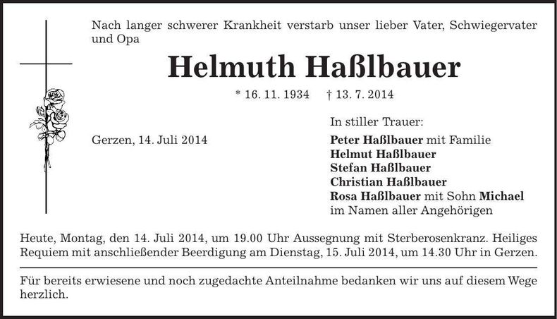 Traueranzeige Helmuth Haßlbauer