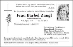 Traueranzeige Bärbel Zangl