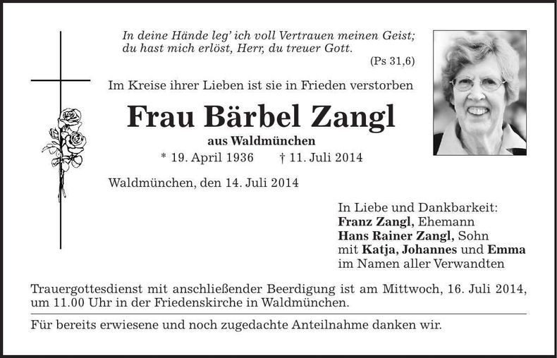Traueranzeige Bärbel Zangl