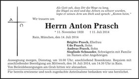 Traueranzeige Anton Prasch