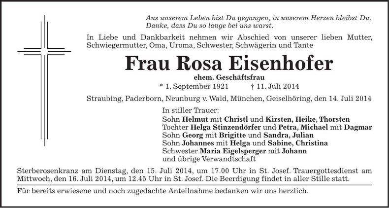 Traueranzeige Rosa Eisenhofer