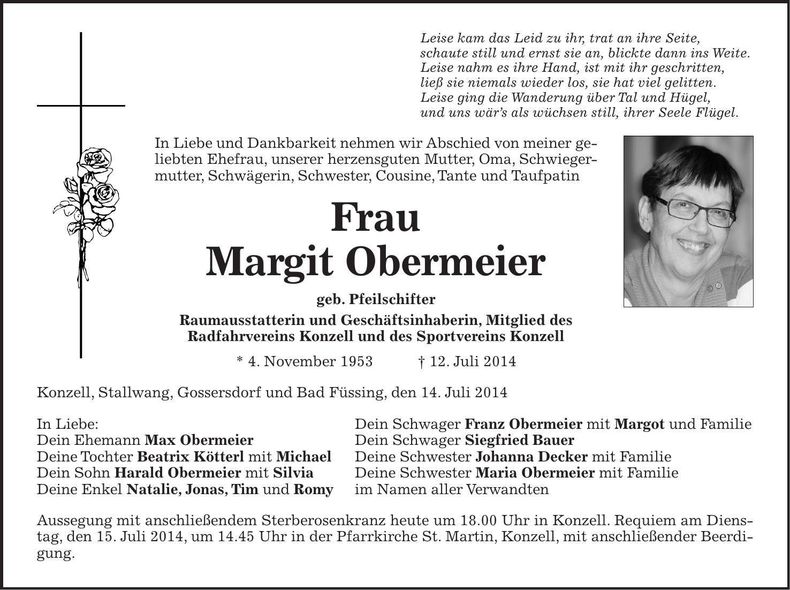 Traueranzeige Margit Obermeier