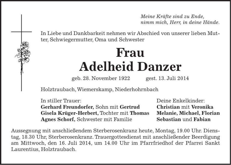 Traueranzeige Adelheid Danzer