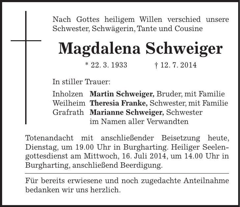 Traueranzeige Magdalena Schweiger