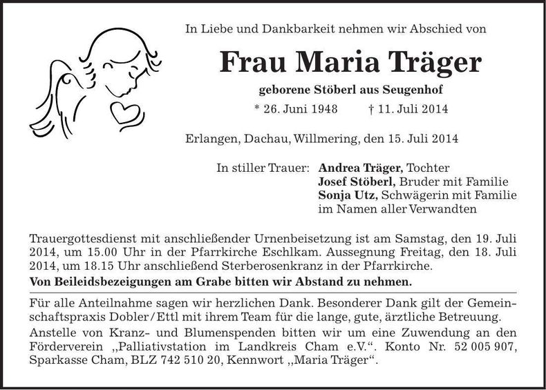 Traueranzeige Mariaq Träger
