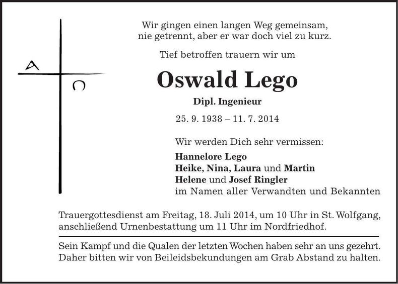 Traueranzeige Oswald Lego