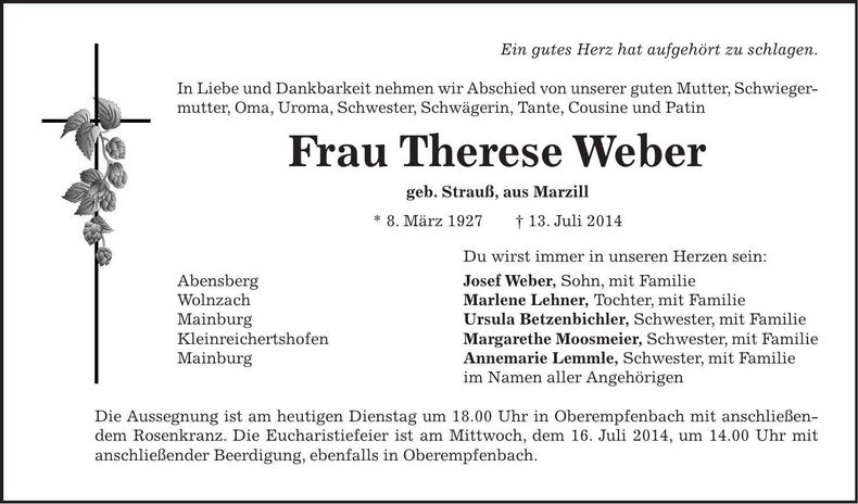 Traueranzeige Therese Weber