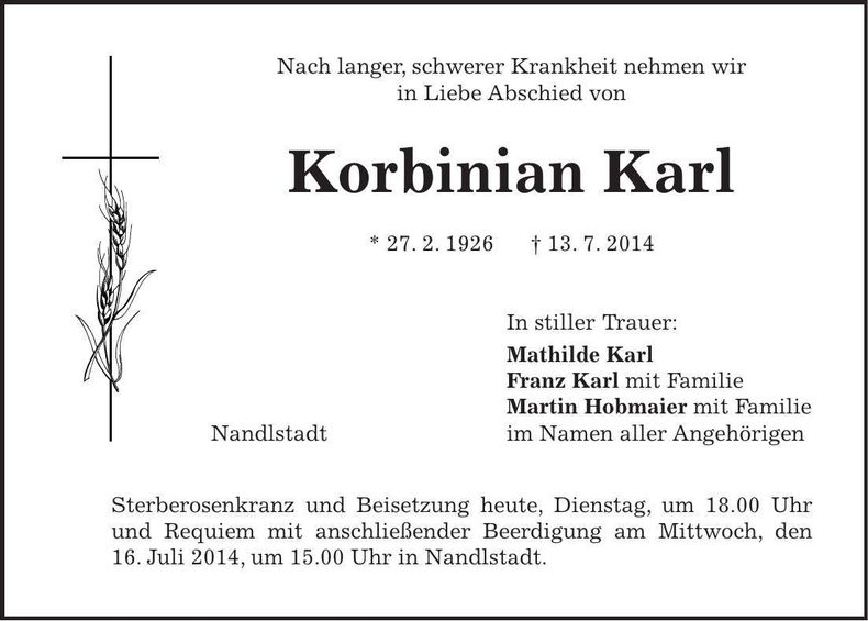Traueranzeige Korbinian Karl