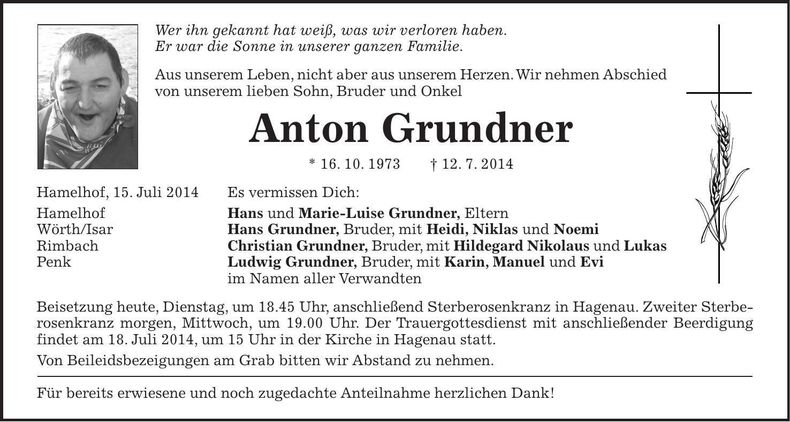 Traueranzeige Anton Grundner