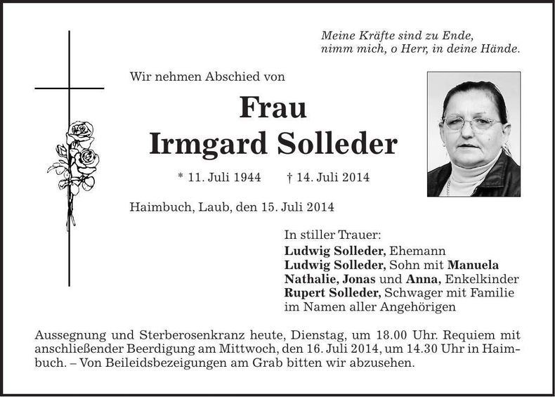 Traueranzeige Irmgard Solleder