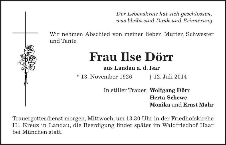 Traueranzeige Ilse Dörr