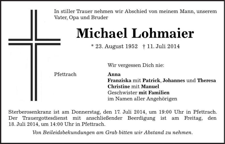 Traueranzeige Michael Lohmaier