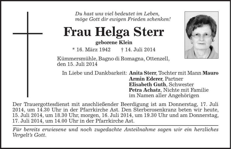 Traueranzeige Helga Sterr