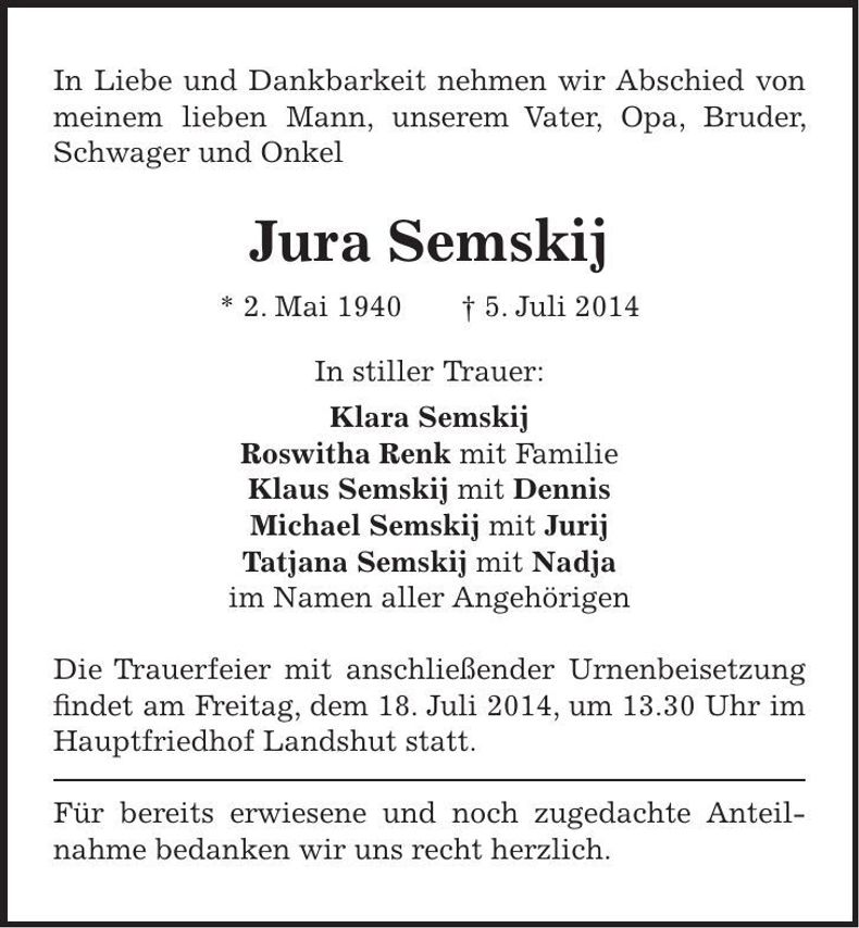 Traueranzeige Georg Semskij