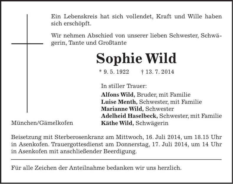 Traueranzeige Sophie Wild