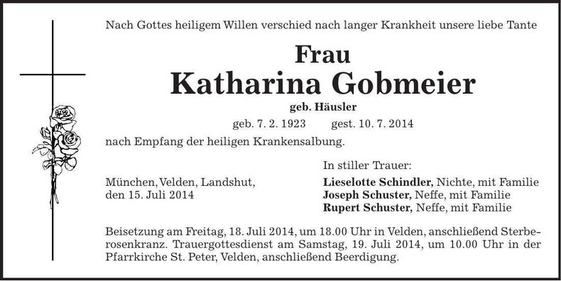 Traueranzeige Katharina Gobmeier