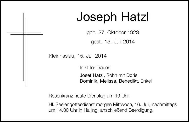 Traueranzeige Joseph Hatzl