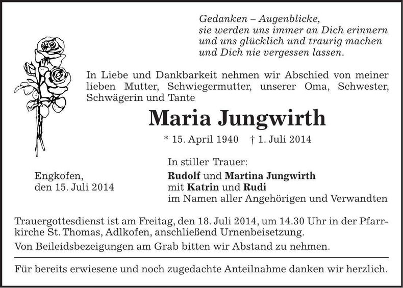 Traueranzeige Maria Jungwirth