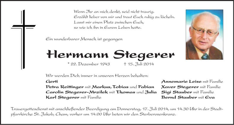Traueranzeige Hermann Stegerer